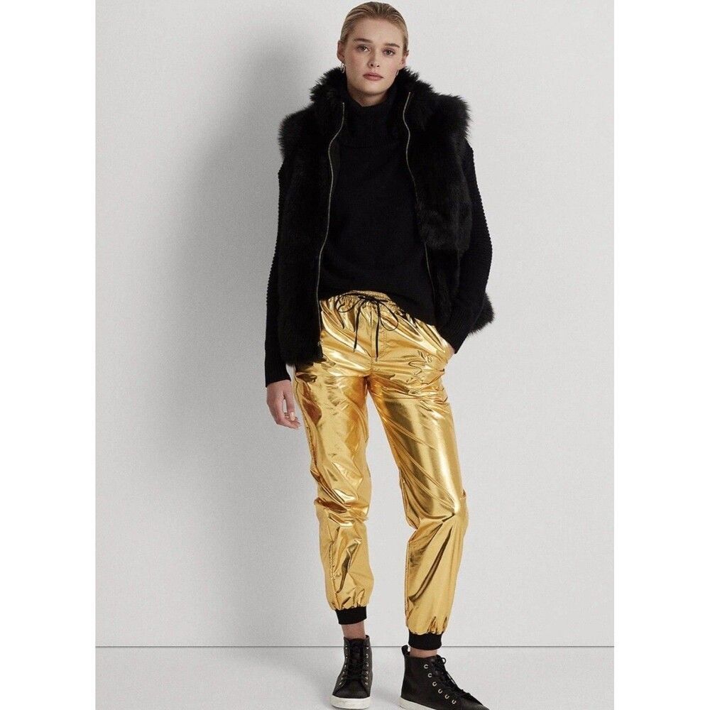 LAUREN RALPH LAUREN New Women's Jogger 22W Track Pants Metallic Taffeta Gold